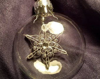 Elegant Silver Quilled Snowflake Hand Assembled Inside Clear Glass Ornament