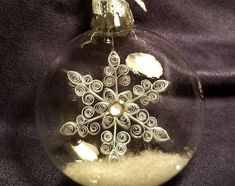 Silver Quilled Snowflake INSIDE Clear Glass Ornament
