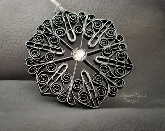 Art Nouveau Inspired Black & SIlver Quilled Snowflake Ornament- Genuine Swarovski Crystal- Gift Boxed