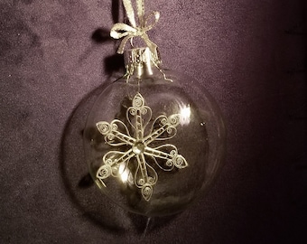 Silver Quilled Snowflake Inside Clear Glass Ornament- Handmade