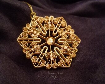 Art Nouveau Inspired Gold Quilled Snowflake with Genuine Swarovski Crystals