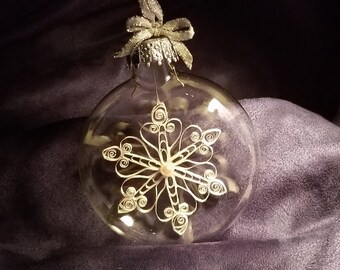 Quilled Snowflake INSIDE Clear Glass Disc Ornament