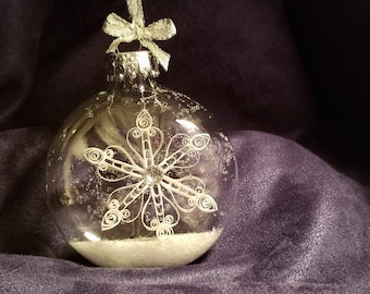 Quilled Snowflake INSIDE a Clear Glass Ornament- White & Crystal with German Glass Glitter