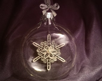 Ornate White Quilled Snowflake INSIDE Clear Glass Disc Ornament