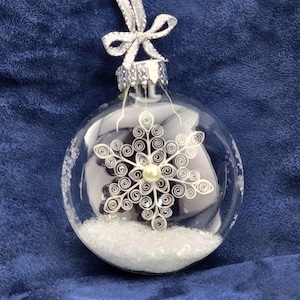 White Pearl Quilled Snowflake INSIDE Clear Glass Ornament with German Glass Glitter