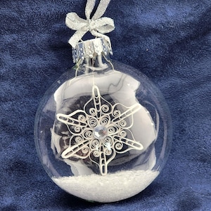 Quilled Snowflake INSIDE Clear Glass Disc Ornament