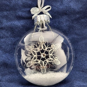 Quilled Snowflake INSIDE Clear Glass Disc Ornament with German Glass Glitter