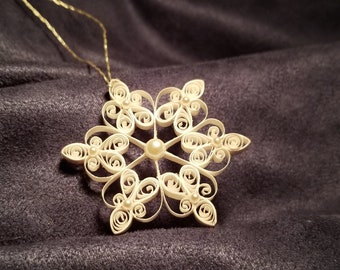 White Quilled Snowflake Christmas Ornament with Pearls