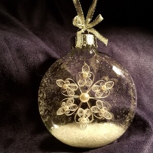 White Quilled Snowflake Hand-made INSIDE a Clear Glass Globe Ornament with German Glass Glitter Hearts & Pearls image 2