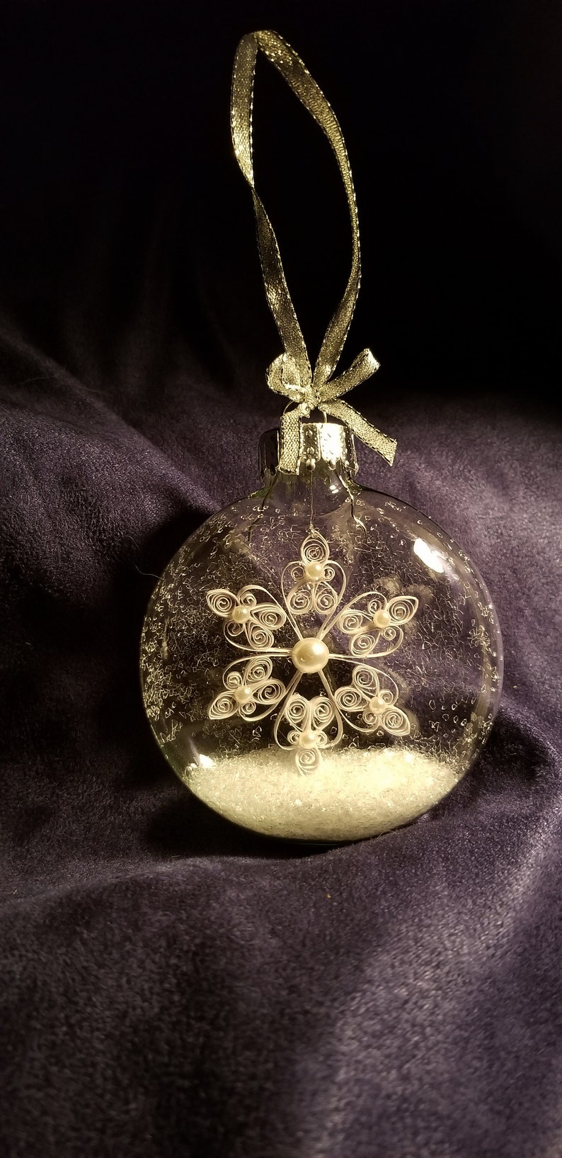 White Quilled Snowflake Hand-made INSIDE a Clear Glass Globe Ornament with German Glass Glitter Hearts & Pearls image 2