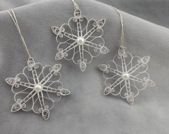 Set of 3 White Quilled Snowflake Ornaments with Pearl Embellishments