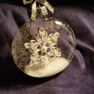 White Quilled Snowflake Hand-made INSIDE a Clear Glass Globe Ornament with German Glass Glitter Hearts & Pearls image 3