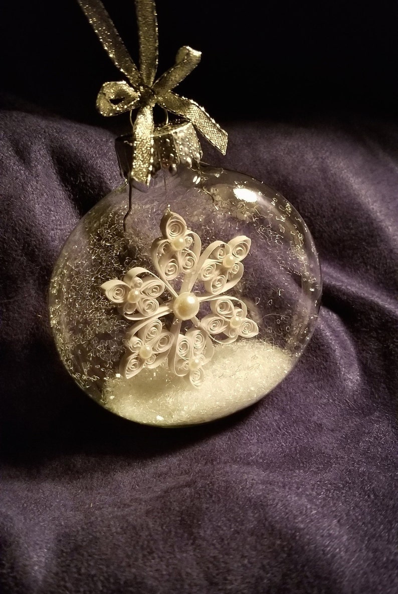 White Quilled Snowflake Hand-made INSIDE a Clear Glass Globe Ornament with German Glass Glitter Hearts & Pearls image 3