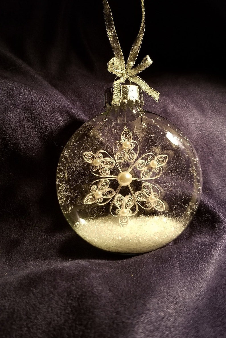 White Quilled Snowflake Hand-made INSIDE a Clear Glass Globe Ornament with German Glass Glitter Hearts & Pearls image 1