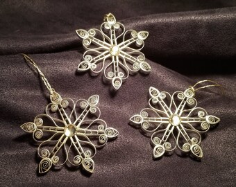 Set of 3 Silver Quilled Snowflake Ornaments