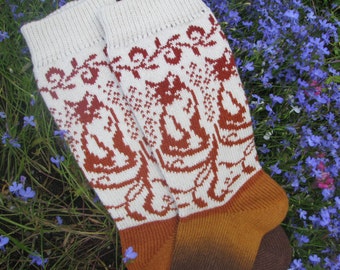 knit socks with cat wool socks knitted socks Scandinavian pattern Norwegian socks Christmas socks gift to man. gift to woman