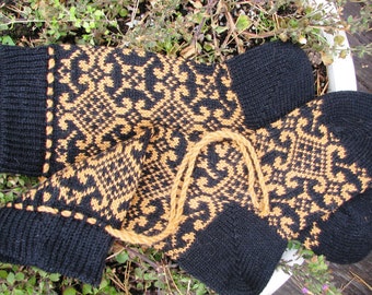 May include: A pair of black and gold knitted socks with a geometric pattern. The socks are made with a fine yarn and have a soft, comfortable feel.