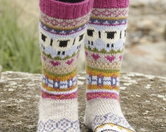 knit warm socks Wool socks with sheep Christmas socks present Norwegian pattern knitted socks gift for women gift for men Fair isle pattern