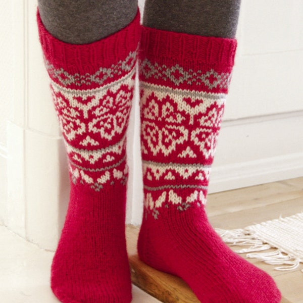 knit red socks Wool socks Christmas socks Christmas present Norwegian pattern knitted socks gift for women gift for men Fair isle pattern