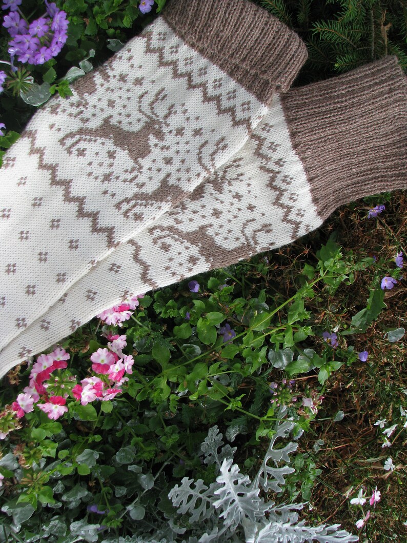 May include: A pair of knitted socks with a white background and brown geometric pattern. The socks are folded and lying on a bed of green and gray plants.