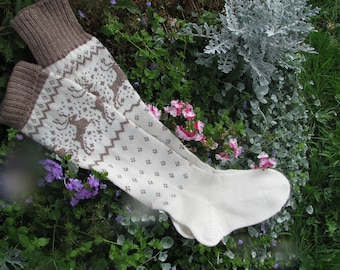 long knit socks Wool socks Norwegian socks Fair Isle Christmas socks socks with reindeer Winter socks Warm socks gift to man gift to woman