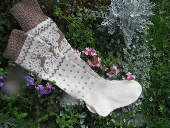 long knit socks Wool socks Norwegian socks Fair Isle Christmas socks socks with reindeer Winter socks Warm socks gift to man gift to woman