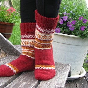 Knit socks wool socks red socks christmas socks nordic socks winter socks womens socks mens socks snowflake socks christmas gift cute socks