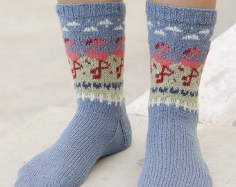 knit warm socks Wool socks Flamingo Socks Christmas socks Christmas present Norwegian pattern knitted socks gift for women Fair isle pattern