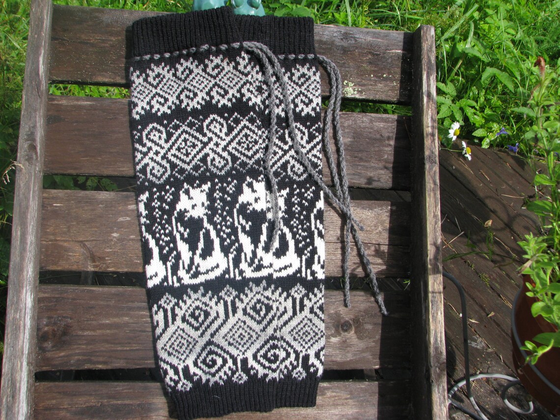 Leg Warmers Black With Cats Knit Wool Socks Boot Cuffs Etsy