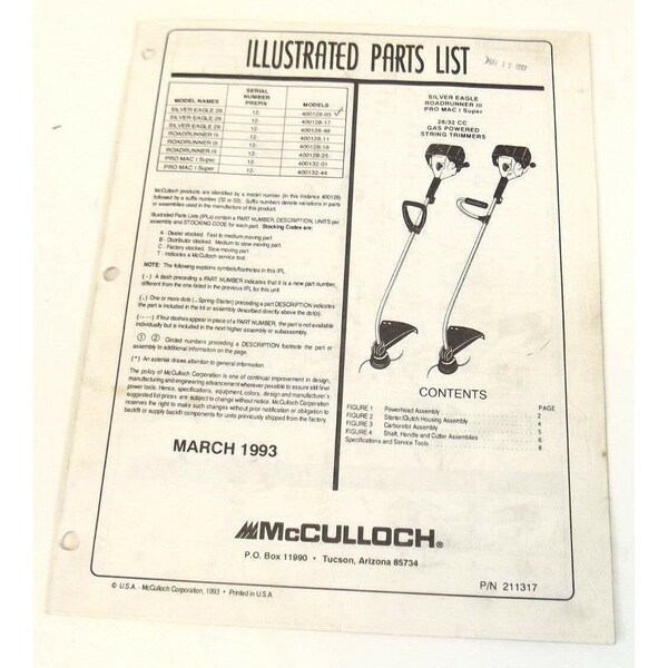 McCulloch Part List Silver Eagle Roadrunner III Pro MAC Super String Trimmer