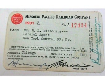 Missouri Pacific Railroad Company Employee Pass 1931-2 RL Milbourne A17424