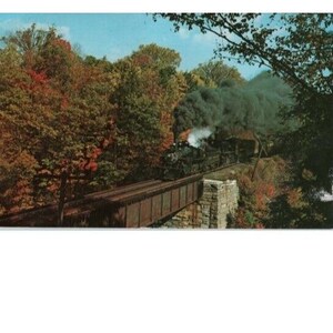 Puede incluir: Un tren de locomotora de vapor negro viaja sobre un puente de madera en un entorno boscoso. El tren está emitiendo humo y vapor. Los árboles están en colores otoñales, con tonos de rojo, naranja, amarillo y verde.