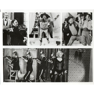 May include: A black and white photo collage of a theatrical production. The top row shows a group of actors in various costumes and poses. The bottom row shows a group of actors in military uniforms holding rifles and a woman in a corset and stockings.