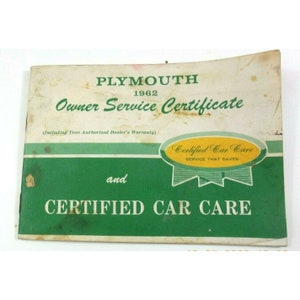 Plymouth Vintage 1962 Original Owner Service Certificate With Owner Information