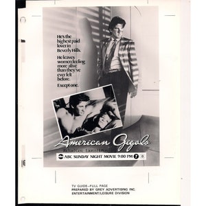 American Gigolo Richard Gere ABC Sunday Night Movie 8 x 10 Black And White Ad Photo