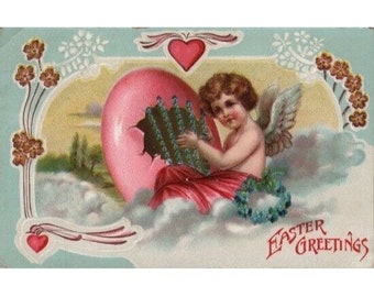 Postal de Pascua antigua alemana con relieve y reverso dividido usada