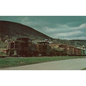 Puede incluir: Una locomotora negra y verde tira de una línea de vagones de carga por una vía. El tren viaja por una zona rural con una montaña en el fondo.