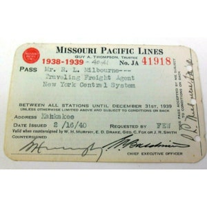 Missouri Pacific Lines Employee Pass 1938-1939 RL Milbourne JA41918