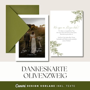 Tarjeta de agradecimiento con foto "Rama de olivo" - Alemán - Plantilla de diseño DIY Canva - Papelería minimalista Verde oliva