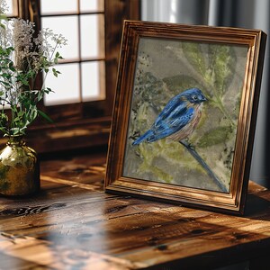 FINE ART PRINT  Blue Bird and Botanical painting,  Serene Botanical, Tranquil nature and wildlife wall art, Giclee, Bird Watcher painting