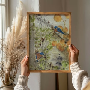 FINE ART PRINT Bluebird painting, Serene Botanical, Tranquil nature and wildlife wall art, Giclee, Bird Watcher painting, Eco-Friendly