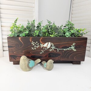Hand Painted Sequoia Wood Planter Box: Bird Design, Indoor-Outdoor Use