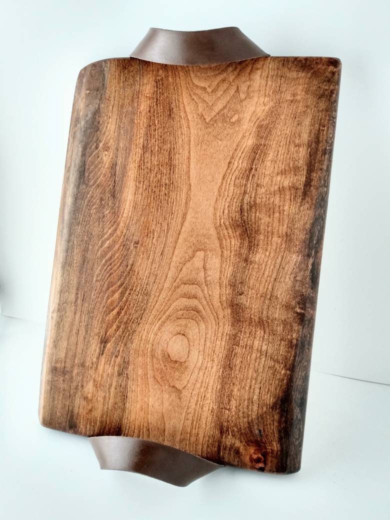 Wood Tray With Leather Handles/ Live Edge Serving Board/ Etsy