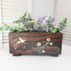 Hand Painted Sequoia Wood Planter Box: Bird & Flowers, Indoor-Outdoor