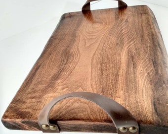 Wood Tray with Leather Handles/ Live Edge Serving Board/ Charcuterie Tray/ Lightweight Wood Server/ Leather Handled Tray by NWwoodshop