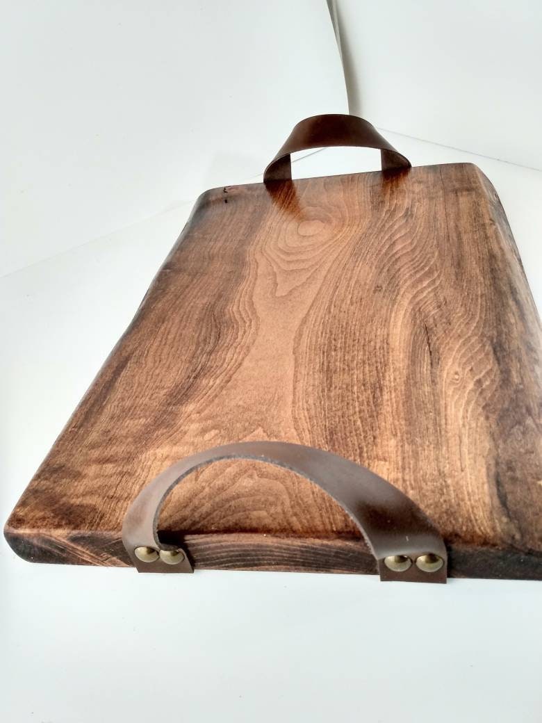 Wood Tray With Leather Handles/ Live Edge Serving Board/ Etsy