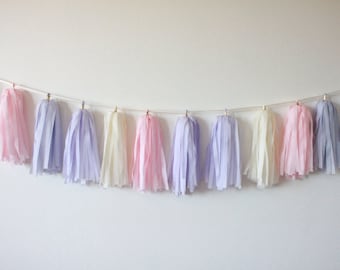 Tissue Paper Tassel Garland // Pastel Love  // Blush Pink, Mist Lavender, Ivory // Birthday // Party Decor