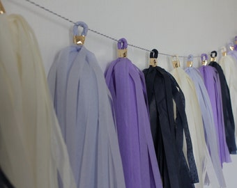 Tissue Paper Tassel Garland // Morning Lavender // Lavender, Mist, Navy Blue, Ivory // Birthday, Wedding, Parties