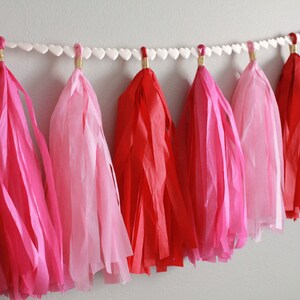 Tissue Paper Tassel Garland // Love is in the Air // Red, Pink, Hot Pink with Heart Ribbon // Valentine, Wedding, Anniversary image 2