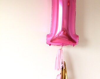 40 inch Pink Number Balloon with Tassels // First Birthday Number Balloon // Photo Prop // Giant Balloon with Tassels